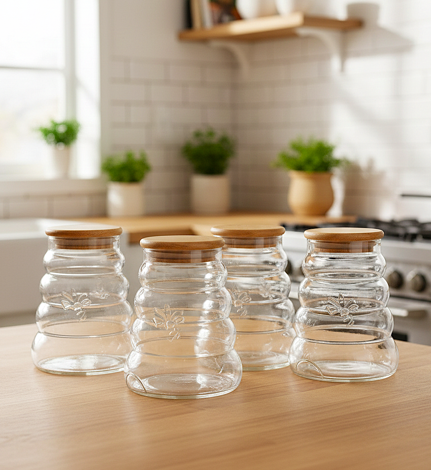 Beehive Glass Storage Jars with Wooden Lids (Set of 4)
