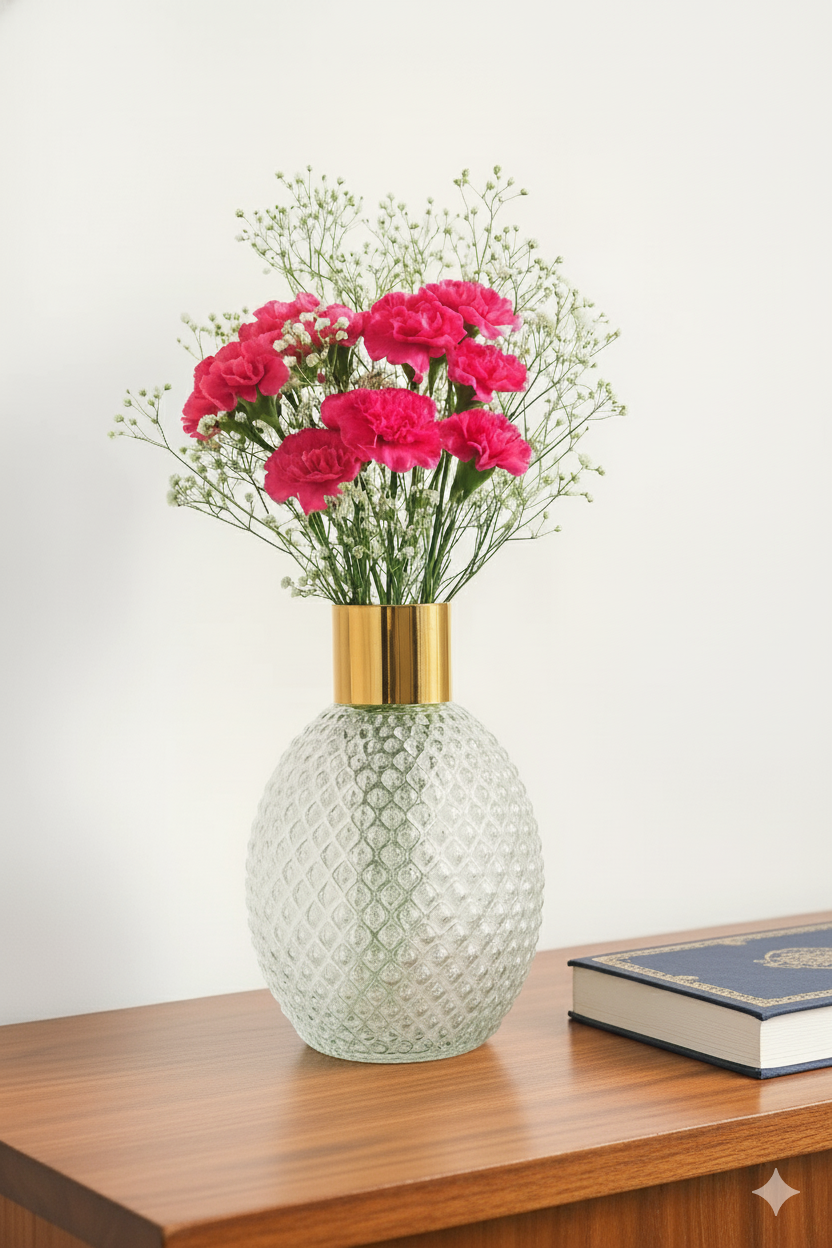 Textured Crystal Glass Vase with Gold Rim