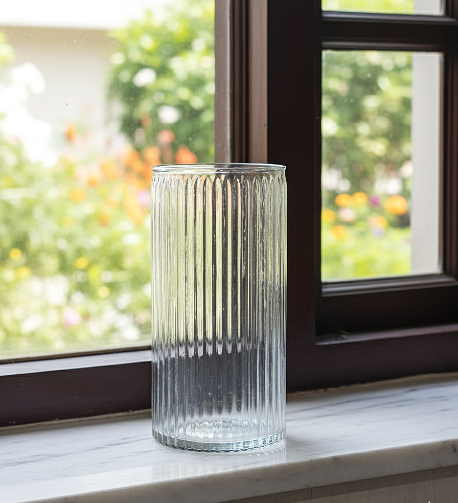 Tall Ribbed Glass Vase