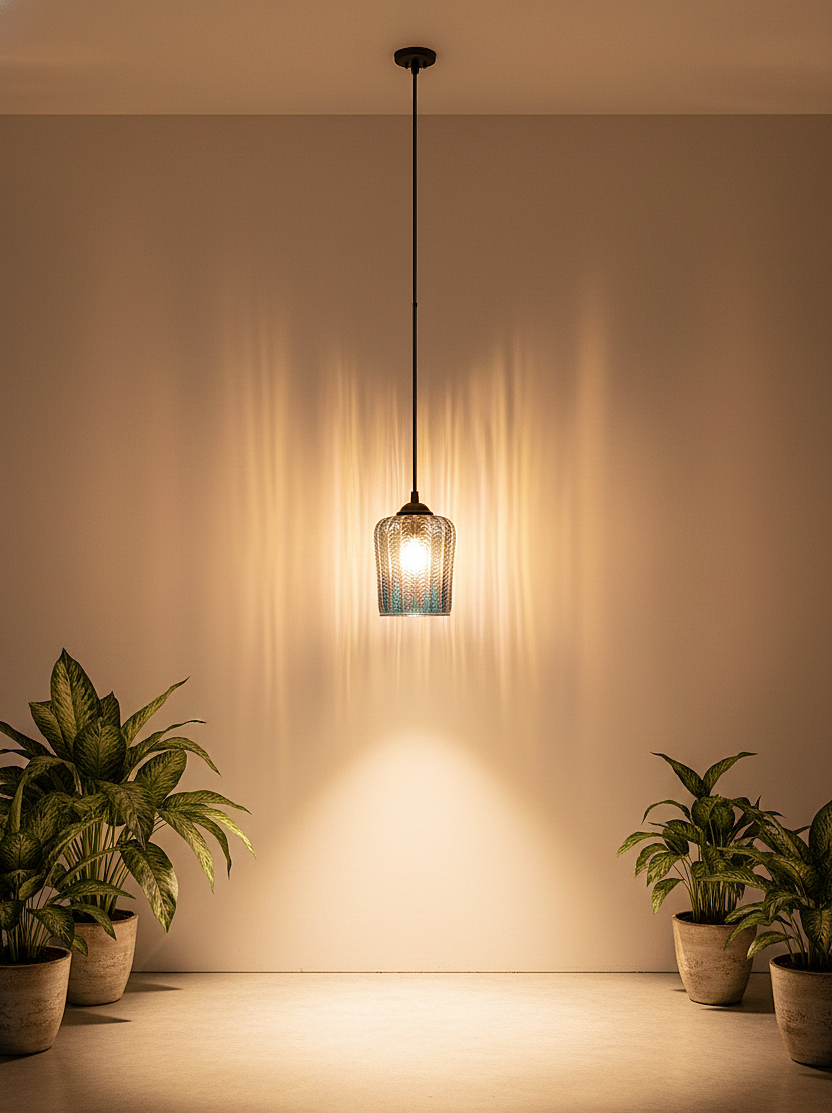 Blue Ribbed Glass Pendant Hanging Light