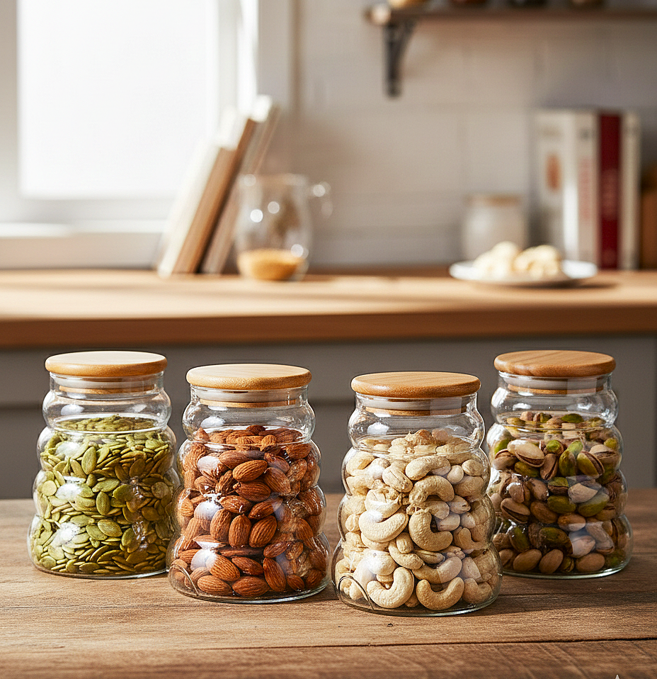 Beehive Glass Storage Jars with Wooden Lids (Set of 4)