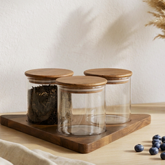 Premium  Glass Storage Jars with Airtight Wooden Lids & Tray (Set of 3) | 3-Piece Minimalist Food Canister Set for Kitchen Countertop & Pantry Organization | Ideal for Coffee Beans, Tea Leaves, Sugar, & Snacks