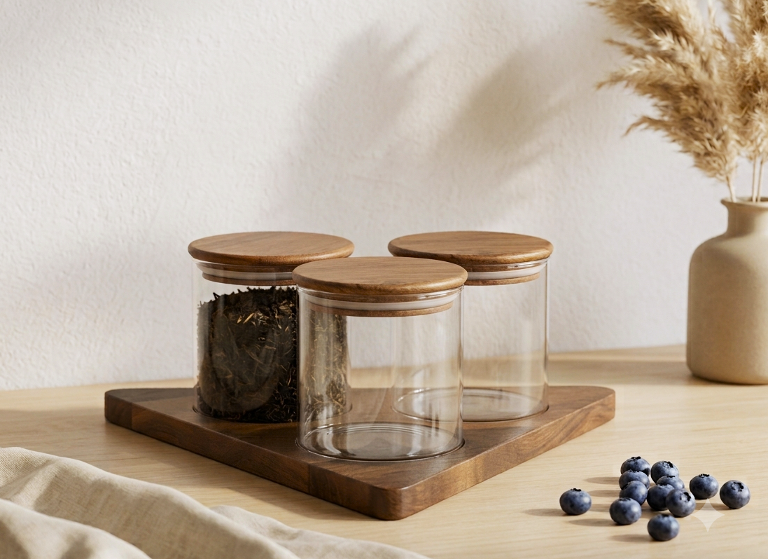Premium  Glass Storage Jars with Airtight Wooden Lids & Tray (Set of 3) | 3-Piece Minimalist Food Canister Set for Kitchen Countertop & Pantry Organization | Ideal for Coffee Beans, Tea Leaves, Sugar, & Snacks