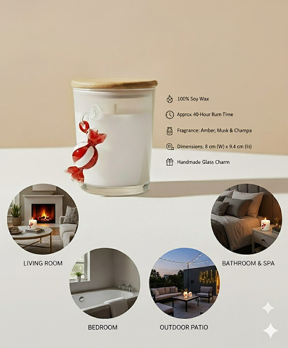 Festive Frosted White Glass Soy Wax Candle With Hanging Toffee (White)