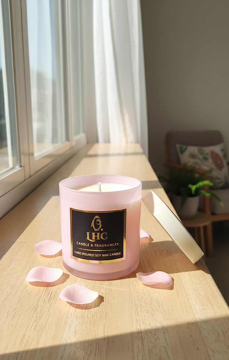 Blush Blossom – Luxury Soy Wax Candle With White Glass Lid (Pink)