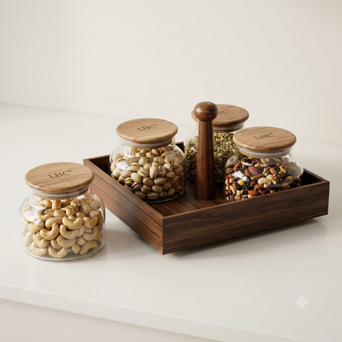 4-Piece Premium Glass Nut Jar Set with Wooden Lazy Susan Organizer Tray