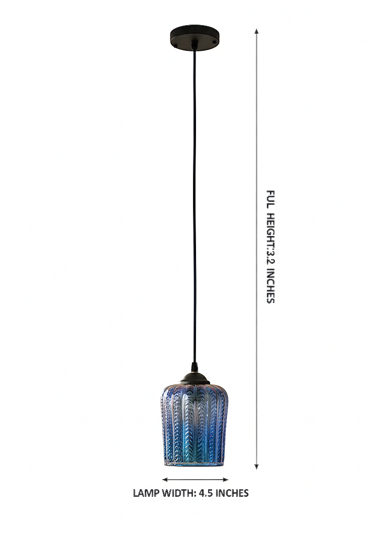 Blue Ribbed Glass Pendant Hanging Light