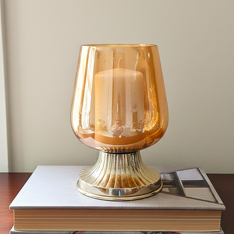 Amber Glow Pedestal Candle Holder With Metal Base (Gold)