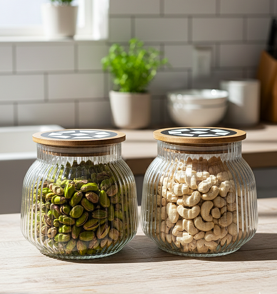 Ribbed Glass Storage Jars with Wooden Lid – Elegant & Airtight Kitchen Essentials
