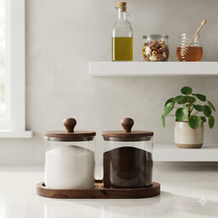 Premium Glass Storage Canister Set of 2 with Matching Acacia Wood Lids and Base Tray – Airtight  Kitchen Jar Organizer for Coffee, Sugar, Tea, Spices, and Countertop Decor