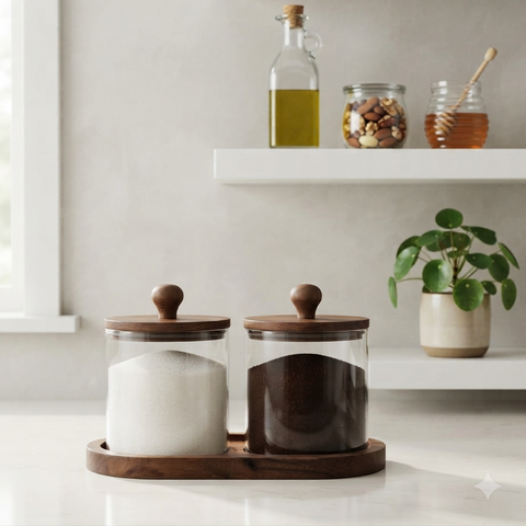 Premium Glass Storage Canister Set of 2 with Matching Acacia Wood Lids and Base Tray – Airtight  Kitchen Jar Organizer for Coffee, Sugar, Tea, Spices, and Countertop Decor