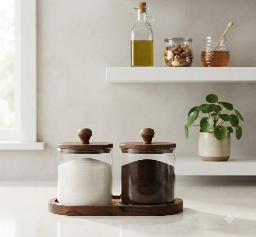 Premium Glass Storage Canister Set of 2 with Matching Acacia Wood Lids and Base Tray – Airtight  Kitchen Jar Organizer for Coffee, Sugar, Tea, Spices, and Countertop Decor