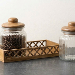 Premium Ribbed Glass Storage Jars with Airtight Wooden Lids and Carved Wooden Tray (Pack of 2, 750ml Each) – Decorative Kitchen Canisters Set for Countertop Pantry Organization, Dry Fruits, Seeds, Tea, Coffee & Spices