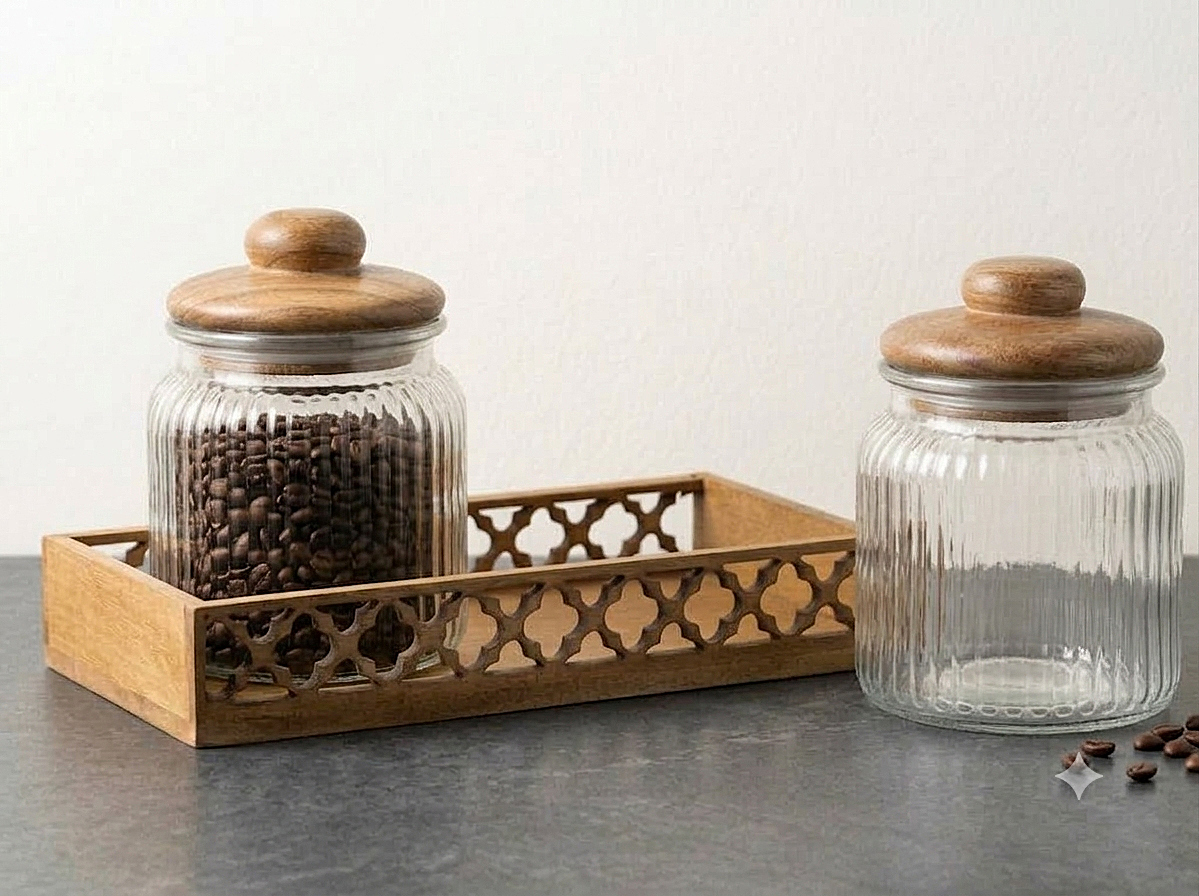 Premium Ribbed Glass Storage Jars with Airtight Wooden Lids and Carved Wooden Tray (Pack of 2, 750ml Each) – Decorative Kitchen Canisters Set for Countertop Pantry Organization, Dry Fruits, Seeds, Tea, Coffee & Spices