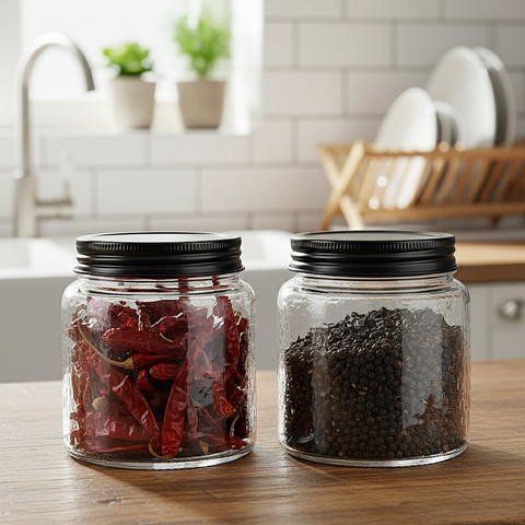 Minimal Hammered-Textured Glass Storage Jars With Airtight Black Metal Lid