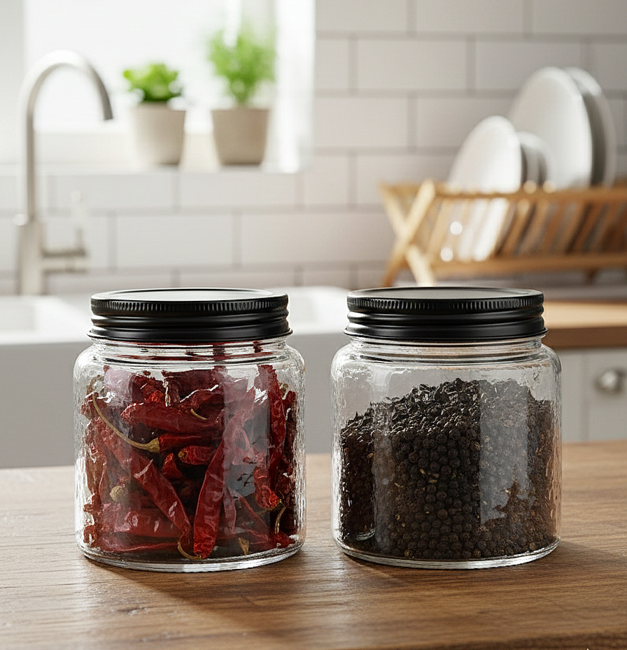 Minimal Hammered-Textured Glass Storage Jars With Airtight Black Metal Lid
