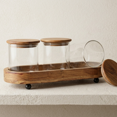 Premium 3-Piece  Glass Storage Canister Set with Airtight Acacia Wood Lids and Footed Serving Tray – Elegant Kitchen Countertop Spice, Snack, and Dry Food Organizer Canisters