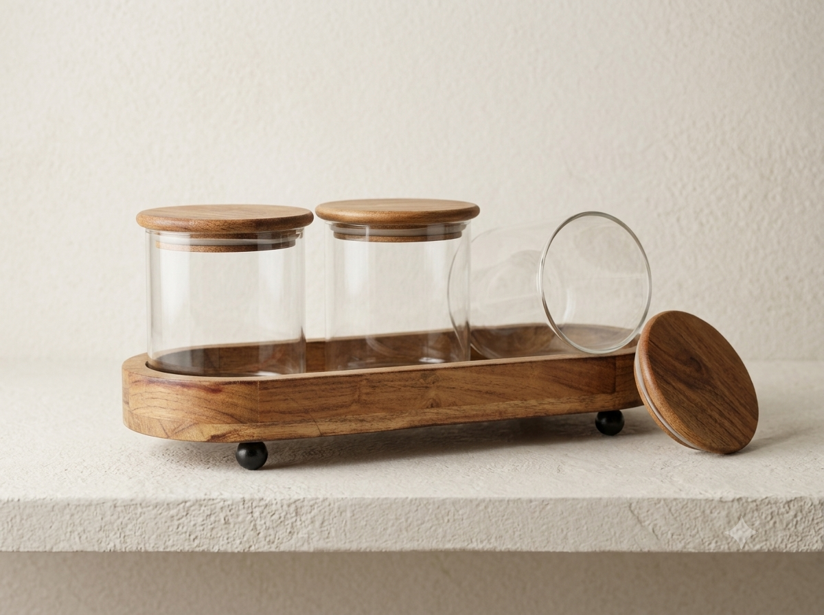 Premium 3-Piece  Glass Storage Canister Set with Airtight Acacia Wood Lids and Footed Serving Tray – Elegant Kitchen Countertop Spice, Snack, and Dry Food Organizer Canisters