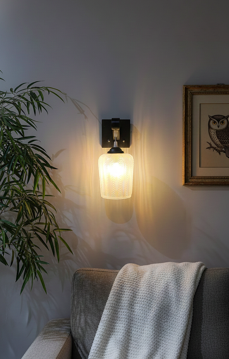 Textured Frost Glass Wall Sconce – Matte Black Finish