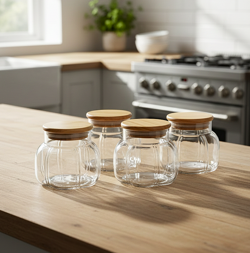 Premium Ribbed Glass Spice Jars (Set of 4)