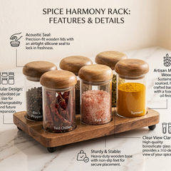 Premium 6-Piece Glass Spice Jar Set with Natural Wooden Tray and Airtight Lids | Clear Borosilicate Glass Food Storage Containers for Spices, Masalas, Dry Fruits, and Kitchen Pantry Organization