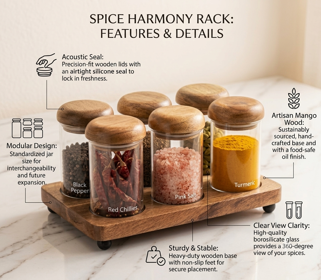 Premium 6-Piece Glass Spice Jar Set with Natural Wooden Tray and Airtight Lids | Clear Borosilicate Glass Food Storage Containers for Spices, Masalas, Dry Fruits, and Kitchen Pantry Organization