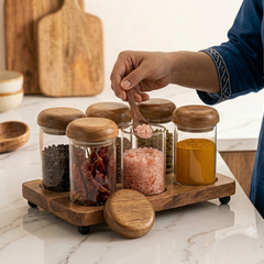 Premium 6-Piece Glass Spice Jar Set with Natural Wooden Tray and Airtight Lids | Clear Borosilicate Glass Food Storage Containers for Spices, Masalas, Dry Fruits, and Kitchen Pantry Organization