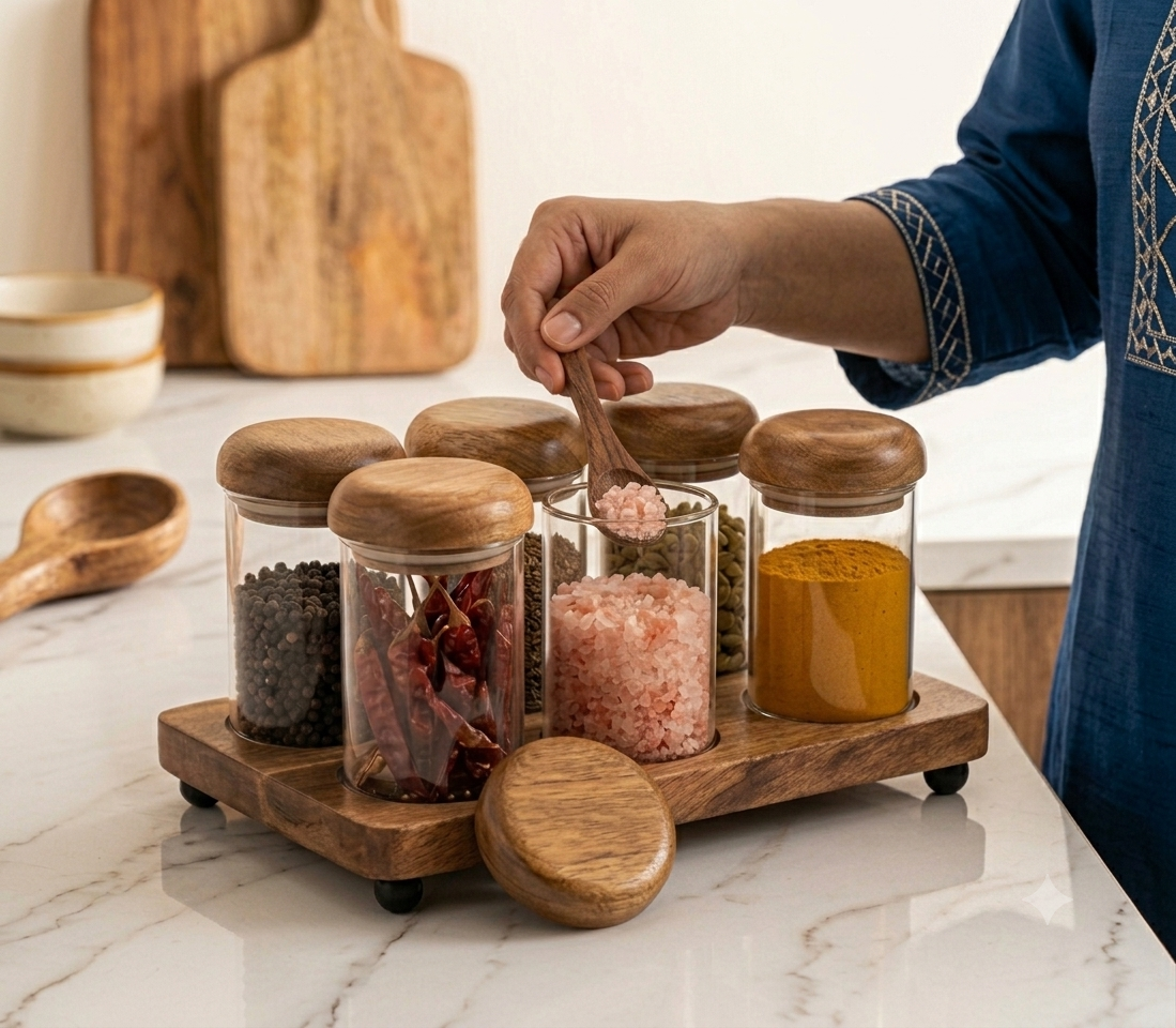 Premium 6-Piece Glass Spice Jar Set with Natural Wooden Tray and Airtight Lids | Clear Borosilicate Glass Food Storage Containers for Spices, Masalas, Dry Fruits, and Kitchen Pantry Organization