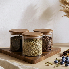 Premium  Glass Storage Jars with Airtight Wooden Lids & Tray (Set of 3) | 3-Piece Minimalist Food Canister Set for Kitchen Countertop & Pantry Organization | Ideal for Coffee Beans, Tea Leaves, Sugar, & Snacks