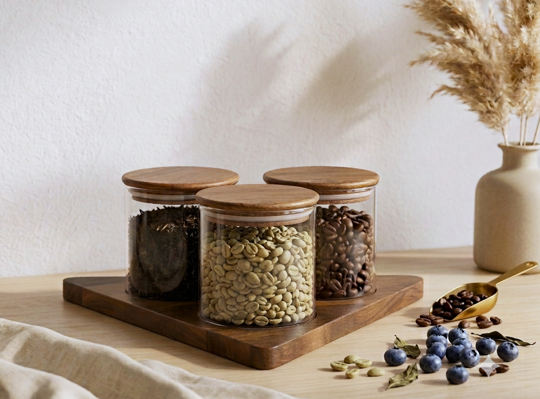 Premium  Glass Storage Jars with Airtight Wooden Lids & Tray (Set of 3) | 3-Piece Minimalist Food Canister Set for Kitchen Countertop & Pantry Organization | Ideal for Coffee Beans, Tea Leaves, Sugar, & Snacks