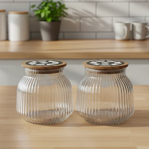 Ribbed Glass Storage Jars With Patterned Wooden Lid – Elegant & Airtight Kitchen Essentials [Set Of 2]