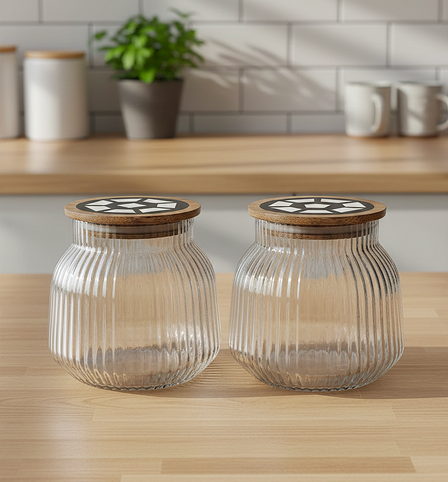 Ribbed Glass Storage Jars with Wooden Lid – Elegant & Airtight Kitchen Essentials