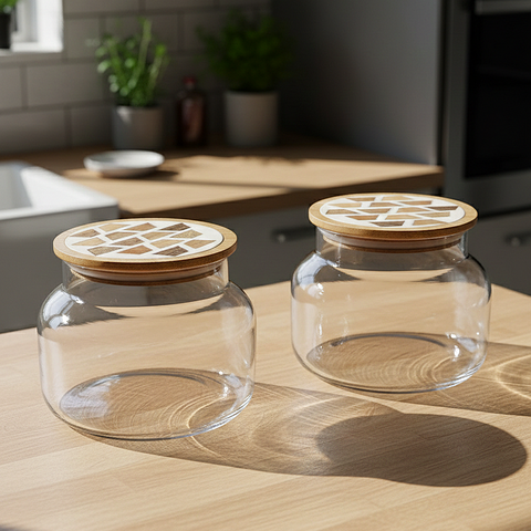 EcoSeal Glass Storage Jars With Patterned Airtight Wooden Lids [Set of 2]