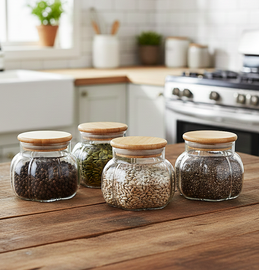 Premium Ribbed Glass Spice Jars (Set of 4)
