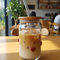 Heart Icon Glass Tumbler with Wooden Lid & Straw