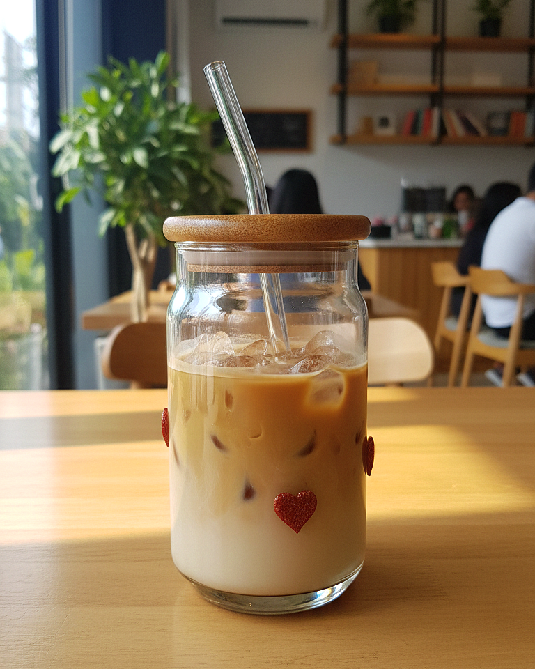 Heart Icon Glass Tumbler with Wooden Lid & Straw