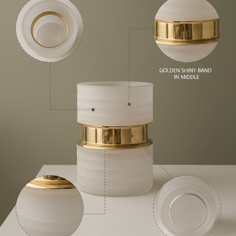 Minimal White & Gold Floral Vase | Matte White Textured Finish With Gold Band