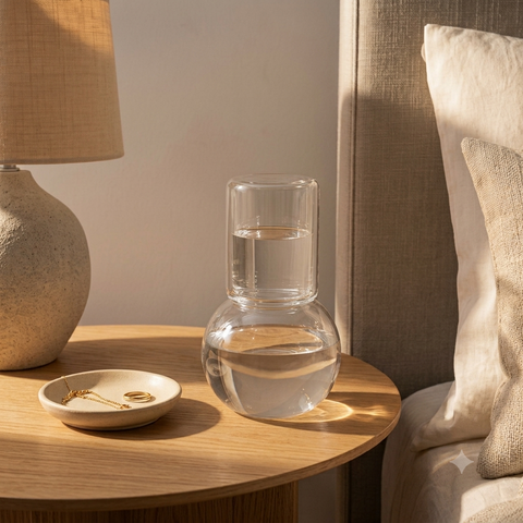 Premium Borosilicate Bedside Water Carafe and Glass Set (2-Piece) | Elegant Spherical Glass Pitcher with Tumbler Lid for Nightstand, Bedroom, Guest Room & Office Desk | Clear Decanter