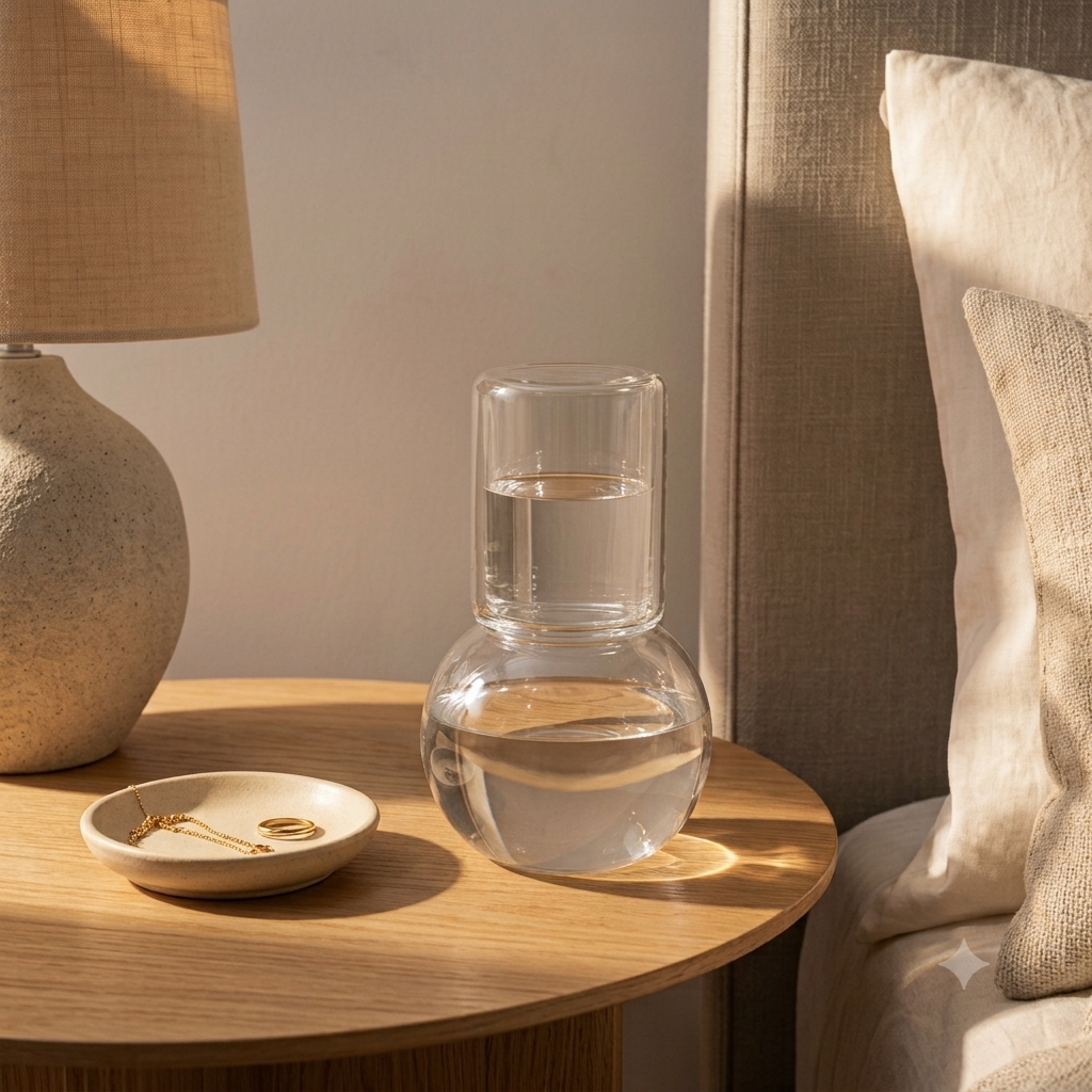 Premium Borosilicate Bedside Water Carafe and Glass Set (2-Piece) | Elegant Spherical Glass Pitcher with Tumbler Lid for Nightstand, Bedroom, Guest Room & Office Desk | Clear Decanter