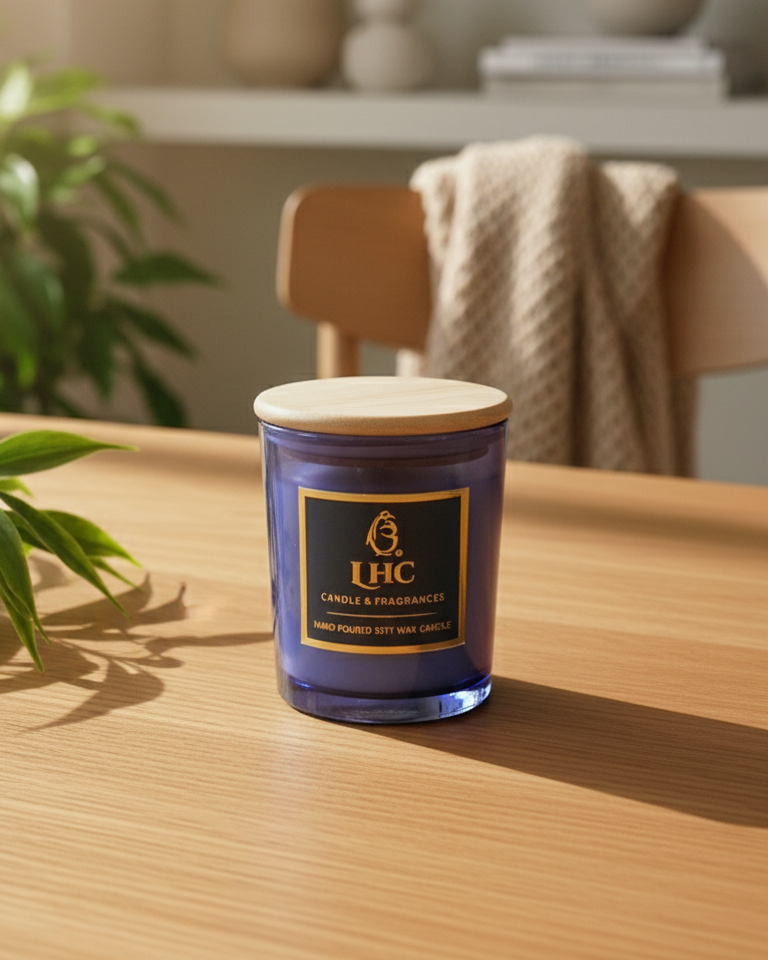 Luxury Soy Wax Glass Candle With Airtight Wooden Lid (Blue)