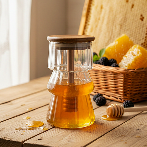 Puredrip Glass Honey Dispenser With Airtight Wooden Lid