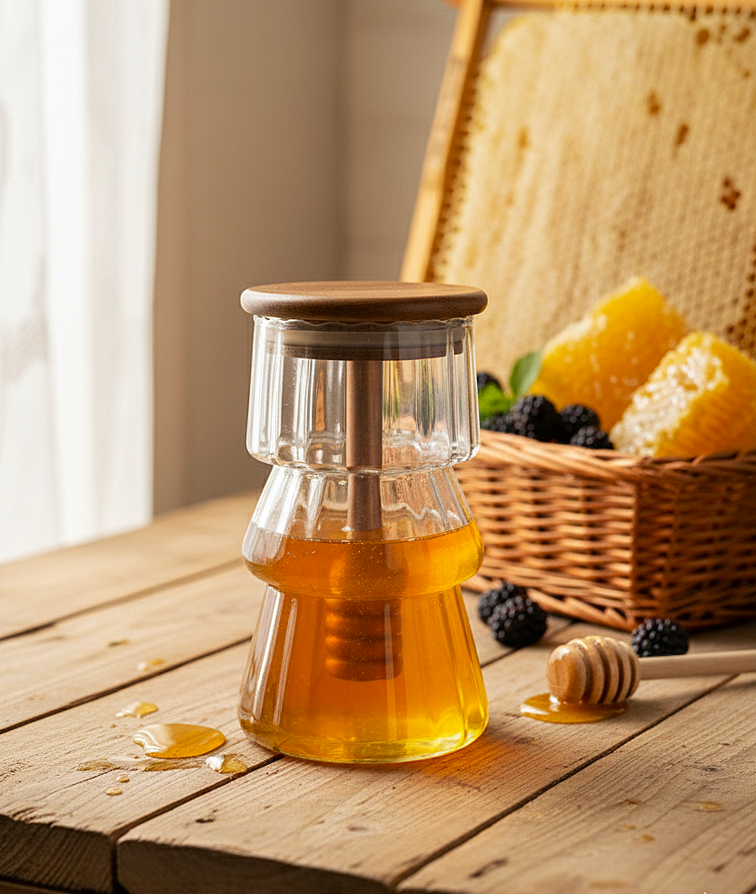 PureDrip Glass Honey Dispenser with Wooden Lid