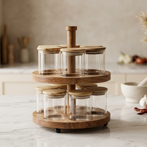 Art of Glass Premium 12-Piece Glass Spice Jar Set with 2-Tier Wooden Stand | Aesthetic Countertop Rotating Spice Organizer with Airtight Wooden Lids