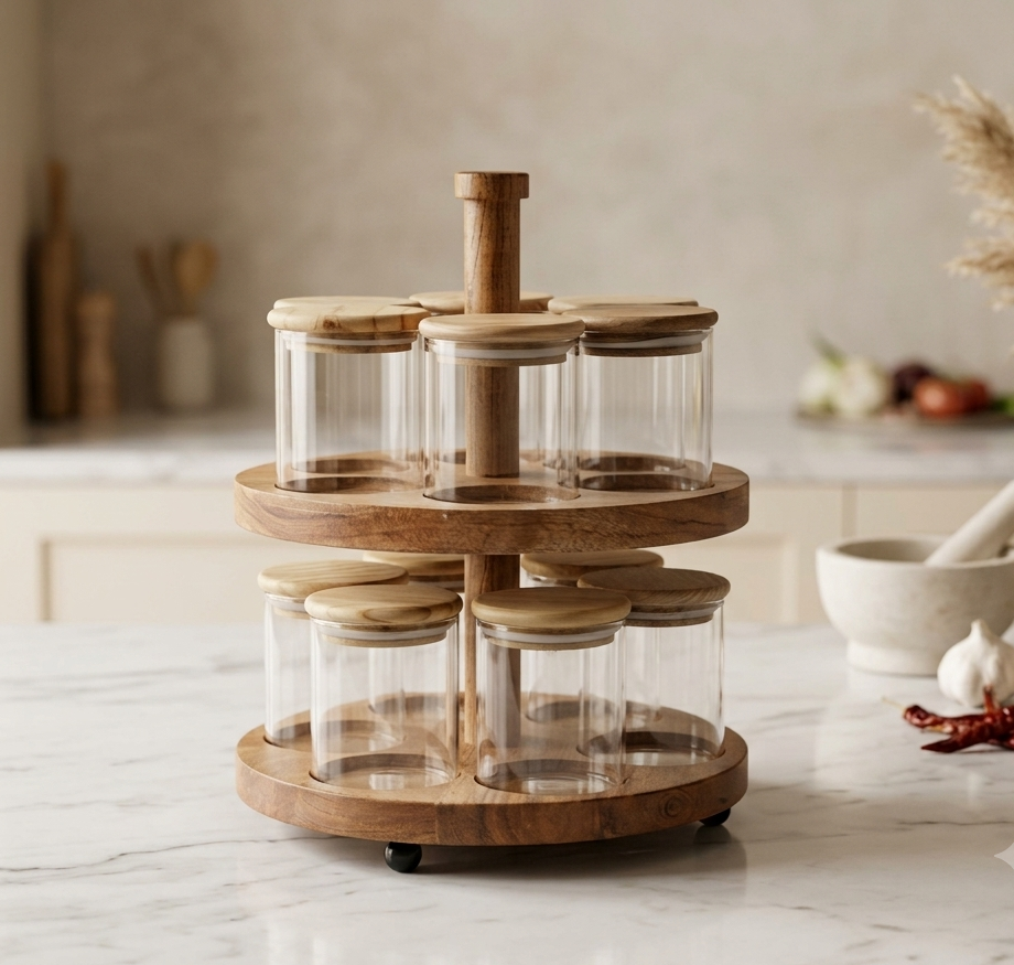Art of Glass Premium 12-Piece Glass Spice Jar Set with 2-Tier Wooden Stand | Aesthetic Countertop Rotating Spice Organizer with Airtight Wooden Lids