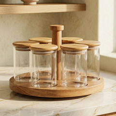 Premium 6-Piece Glass Spice Jar Set with Rotating Wooden Organizer Stand | Airtight Bamboo Lids | Heavy Duty Borosilicate Glass Canisters for Spices, Countertop, Kitchen & Pantry Storage