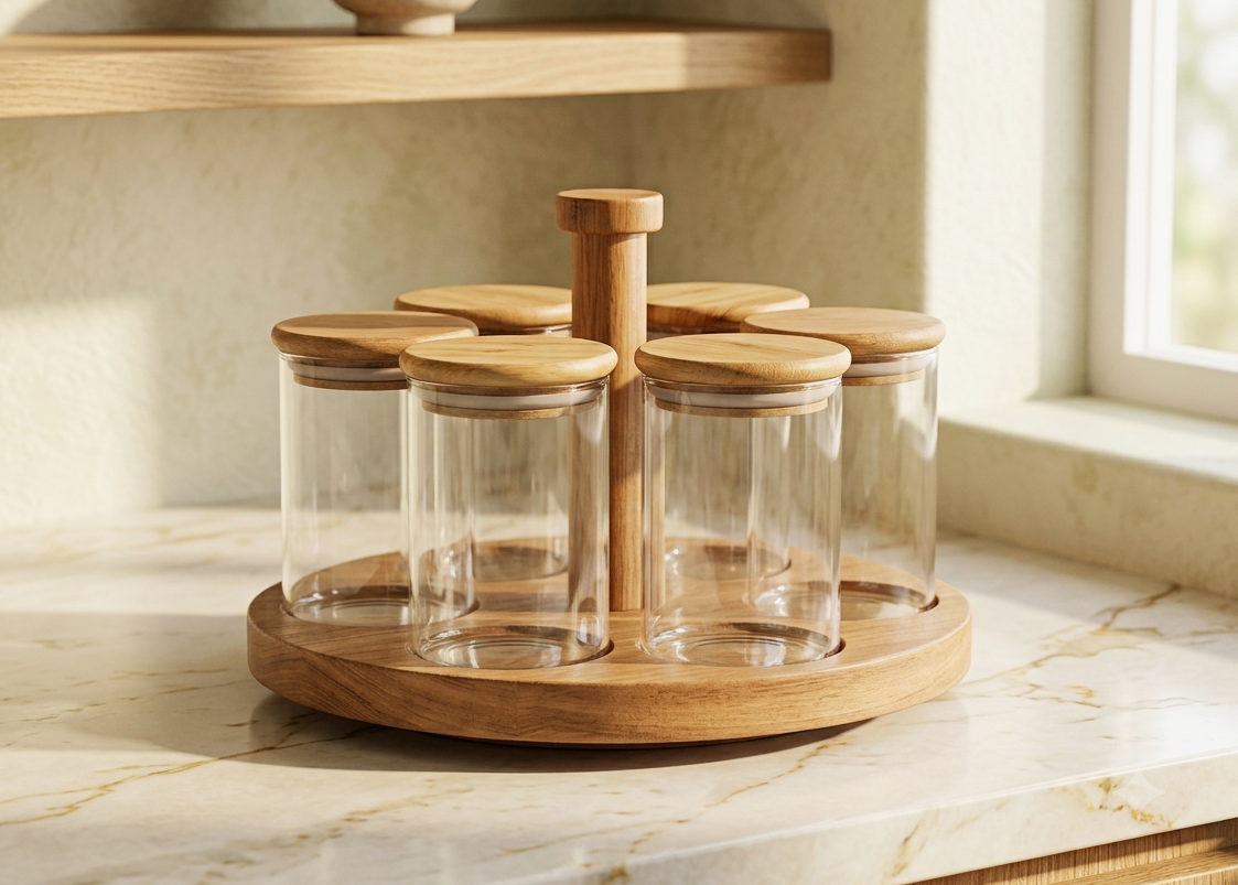 Premium 6-Piece Glass Spice Jar Set with Rotating Wooden Organizer Stand | Airtight Bamboo Lids | Heavy Duty Borosilicate Glass Canisters for Spices, Countertop, Kitchen & Pantry Storage