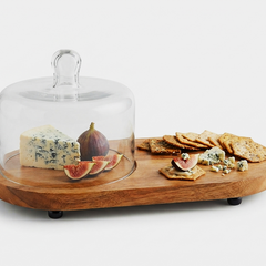 Premium Acacia Wood Oval Serving Board with Glass Cloche Dome – Footed Charcuterie Platter & Cake Display Stand – Elegant Pastry, Cheese, and Snack Tray for Kitchen Countertops & Entertaining
