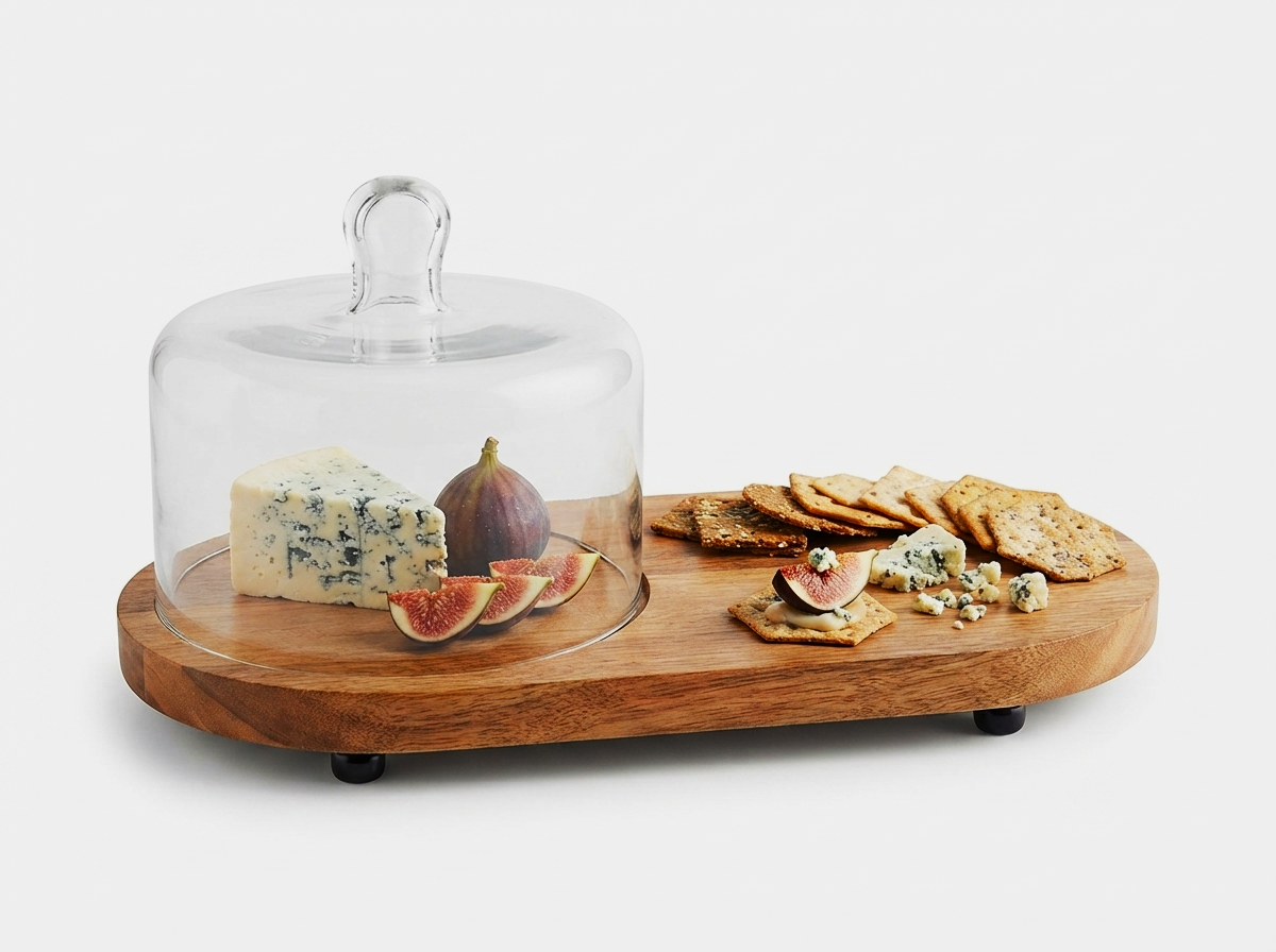 Premium Acacia Wood Oval Serving Board with Glass Cloche Dome – Footed Charcuterie Platter & Cake Display Stand – Elegant Pastry, Cheese, and Snack Tray for Kitchen Countertops & Entertaining