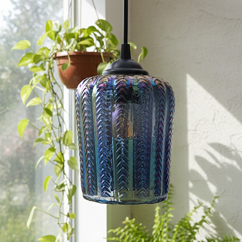 Leaf Textured Blue Glass Pendant Hanging Lamp-Rainbow Shine Glass (Blue)