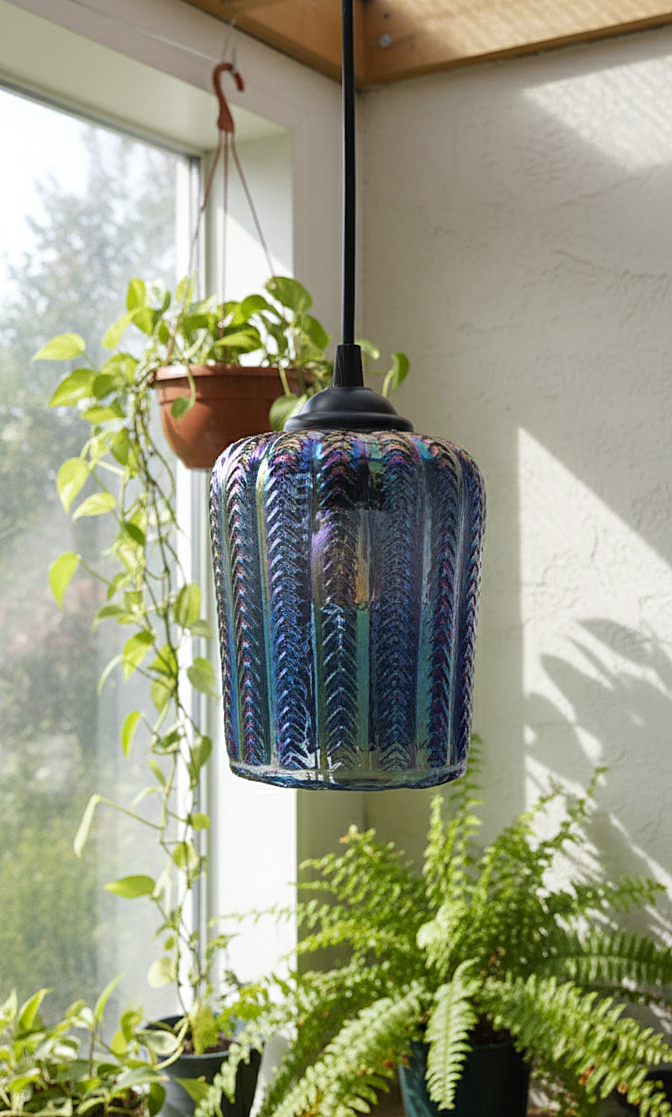 Blue Ribbed Glass Pendant Hanging Light